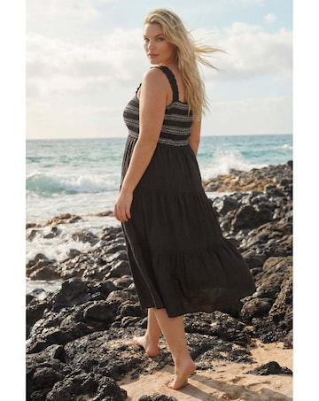 Roman Curve Strappy Shirred Midi Dress