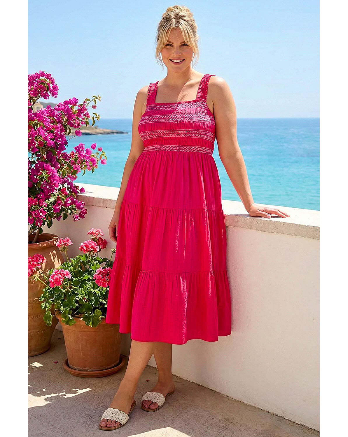 New In - Roman Curve Strappy Shirred Midi Dress