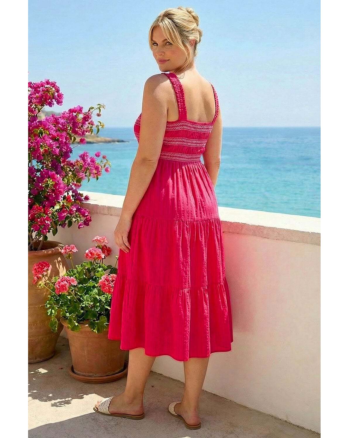 New In - Roman Curve Strappy Shirred Midi Dress