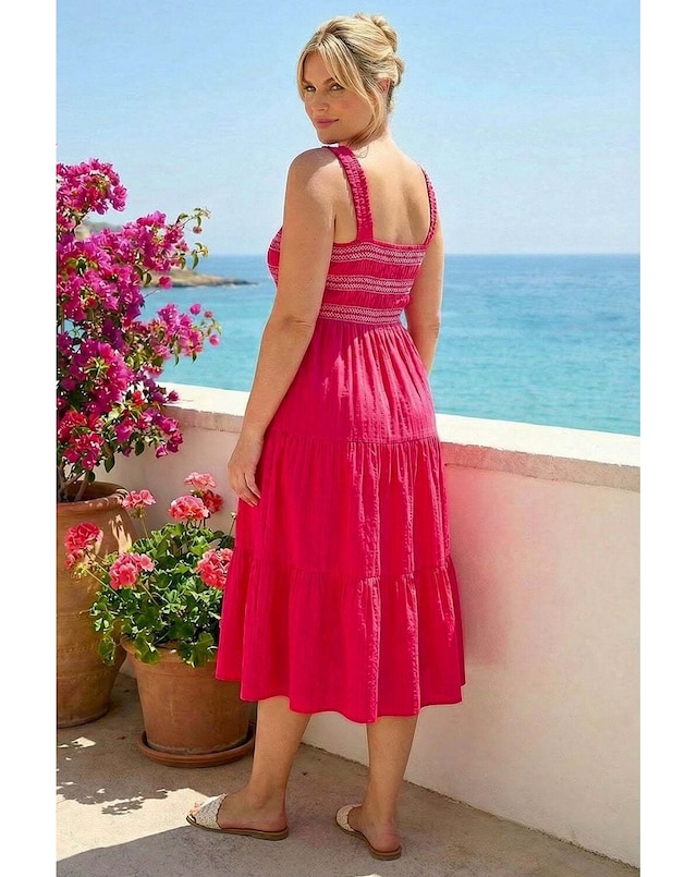 Roman Curve Strappy Shirred Midi Dress