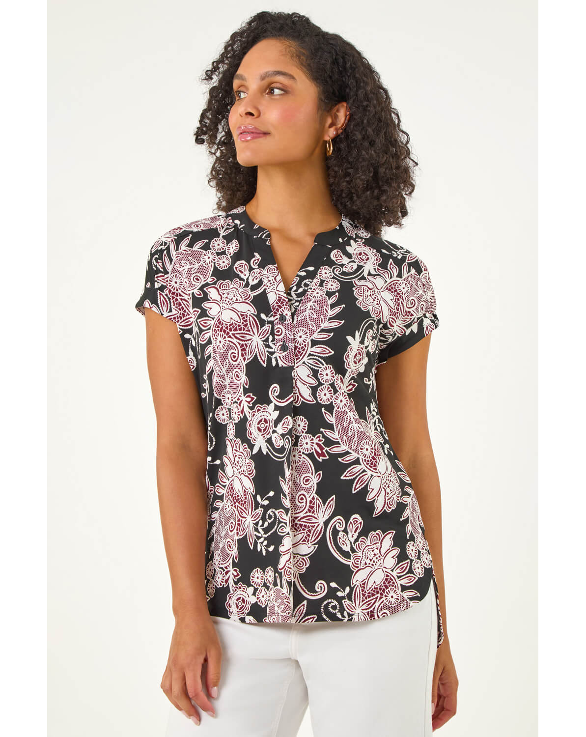 New In - Roman Floral Puff Print Lace Stretch Top