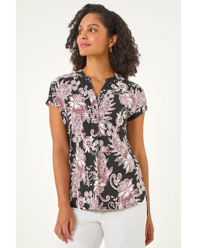 Roman Floral Puff Print Lace Stretch Top