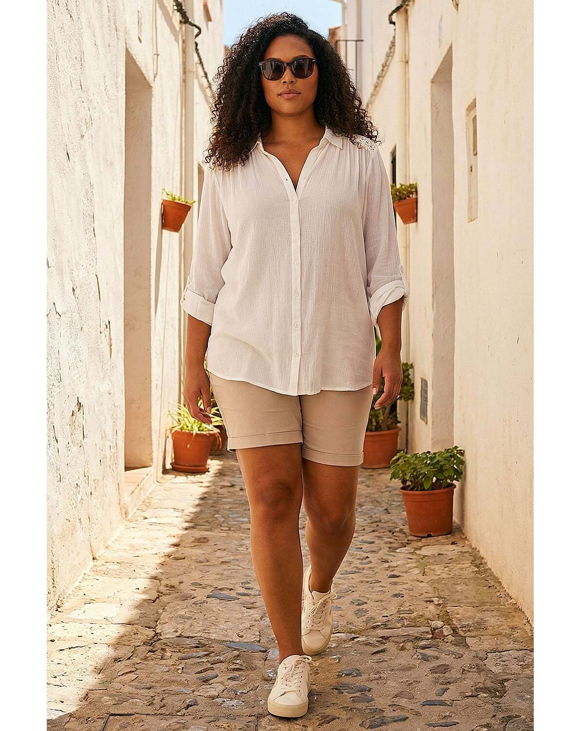 New In - Roman Curve Lace Detail Crinkle Blouse