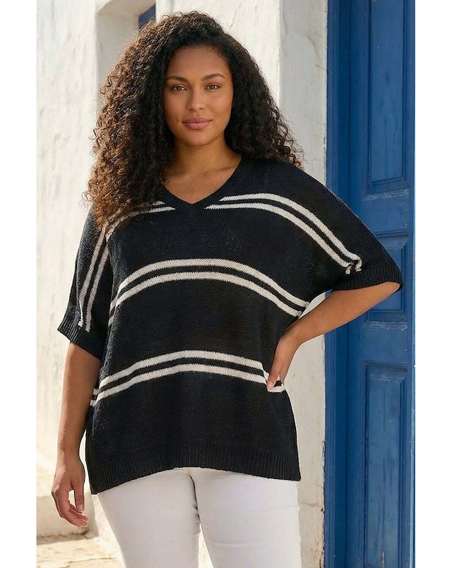 Roman Curve Stripe V-Neck Knit Jumper