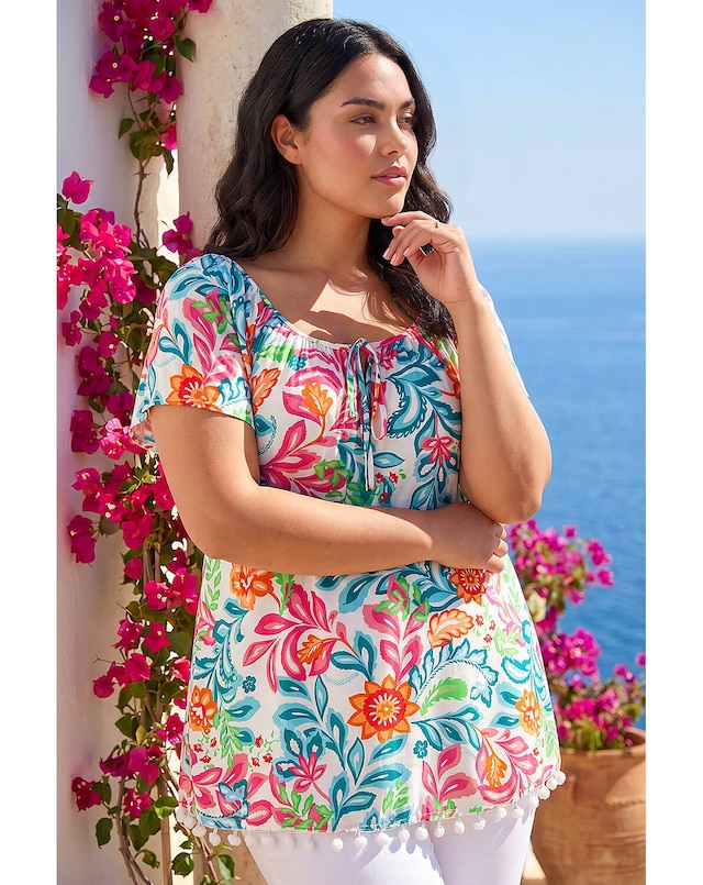 Roman Curve Floral Pom Pom Bardot Top