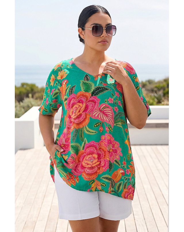 Roman Curve Floral Print V-Neck Top