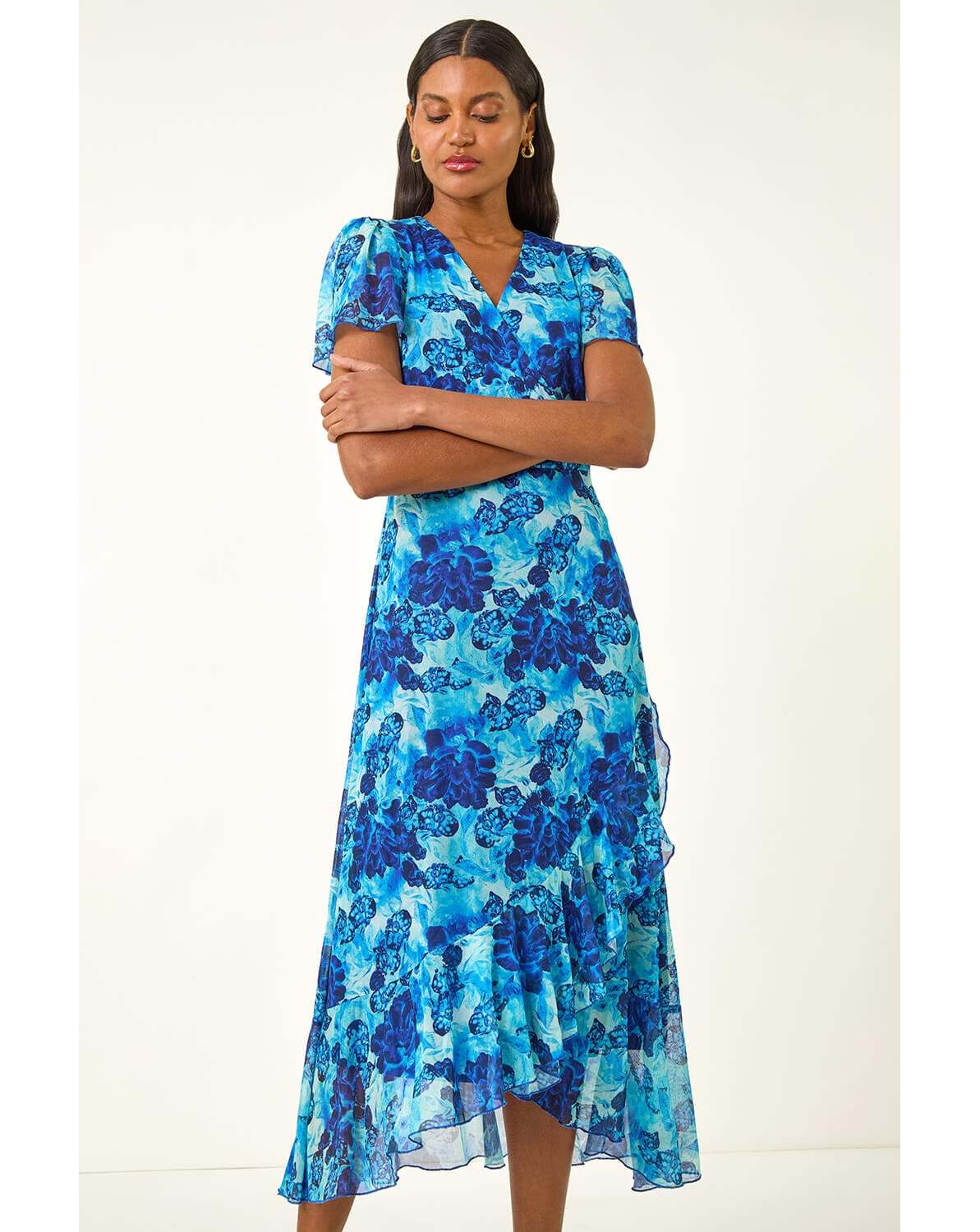 New In - Roman Floral Frill Mesh Stretch Dress