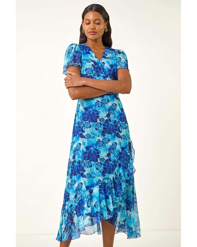 Roman Floral Frill Mesh Stretch Dress