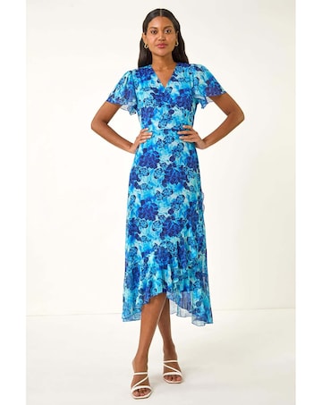 Roman Floral Frill Mesh Stretch Dress