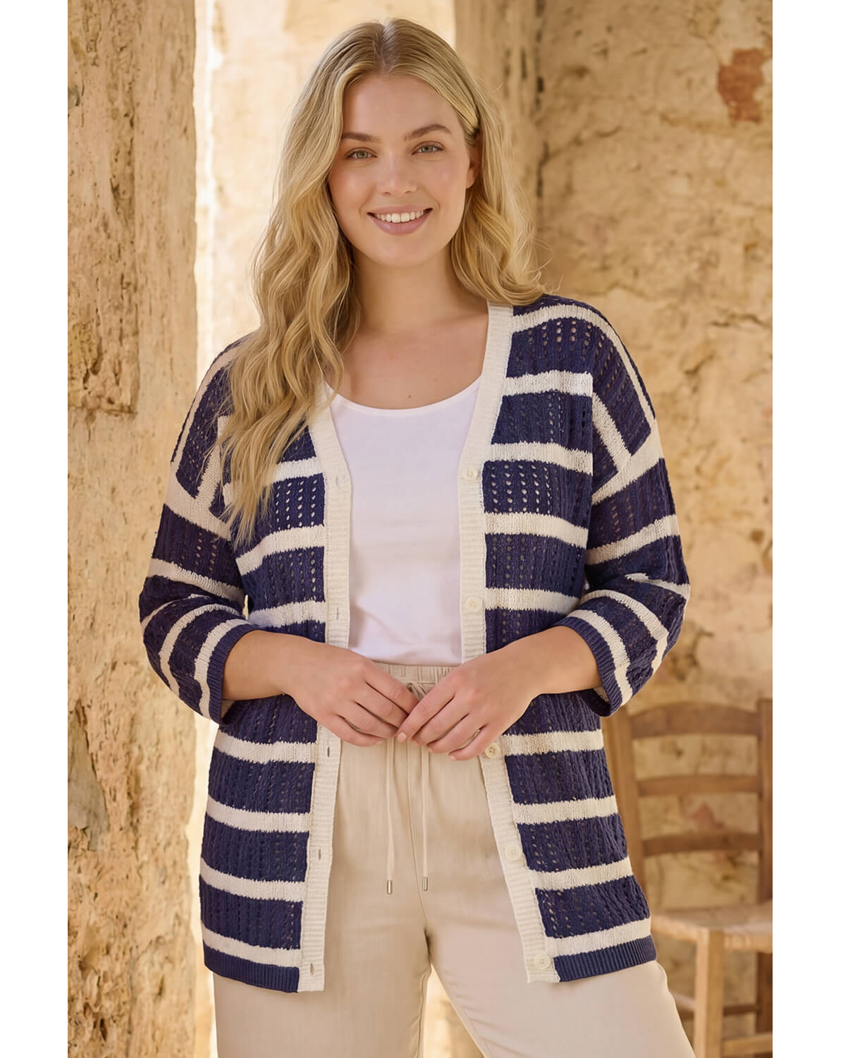 New In - Roman Curve Stripe Crochet Knit Cardigan