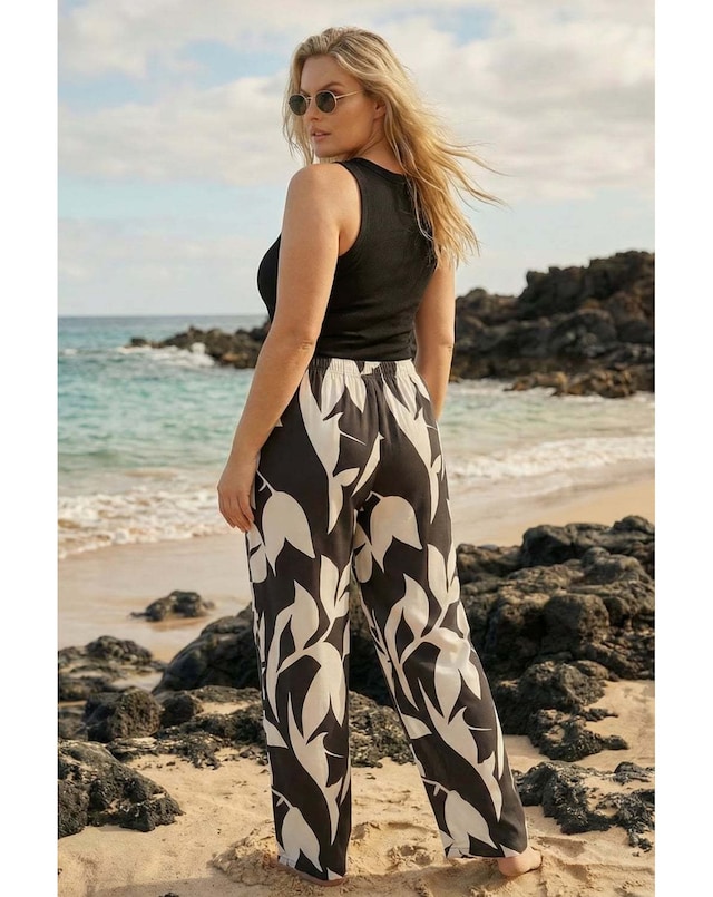Roman Curve Leaf Print Stretch Trousers