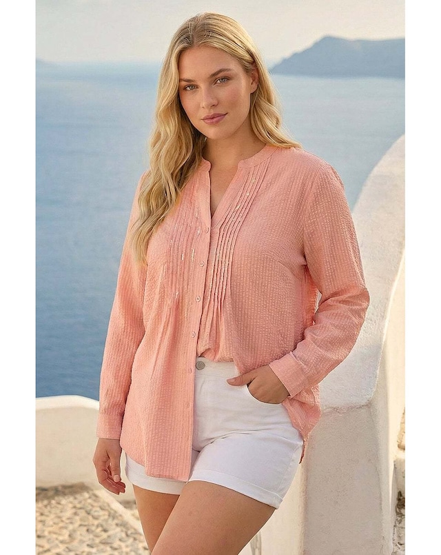 Roman Curve Pintuck Sequin Blouse