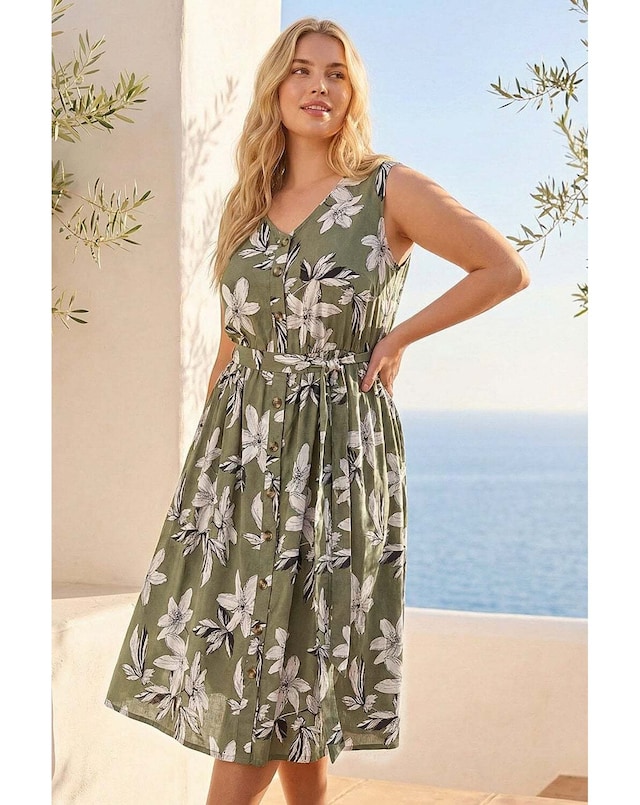 Roman Curve Floral Button Midi Dress