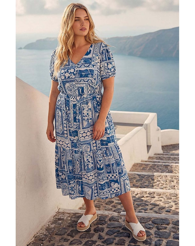 Roman Curve Postcard Print Midi Dress