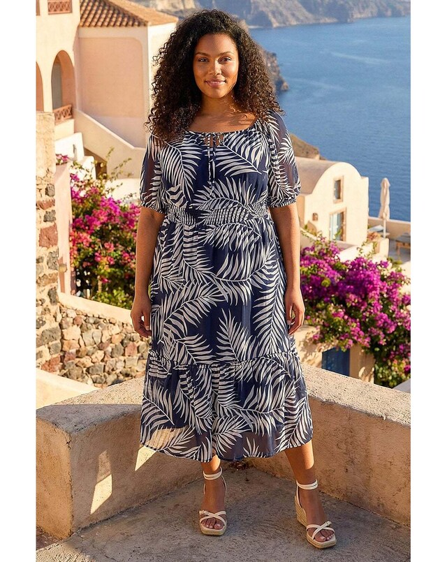 Roman Curve Leaf Tie Neck Midi Dress