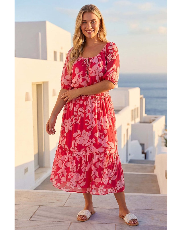 Roman Curve Tropical Tie Neck Midi Dress