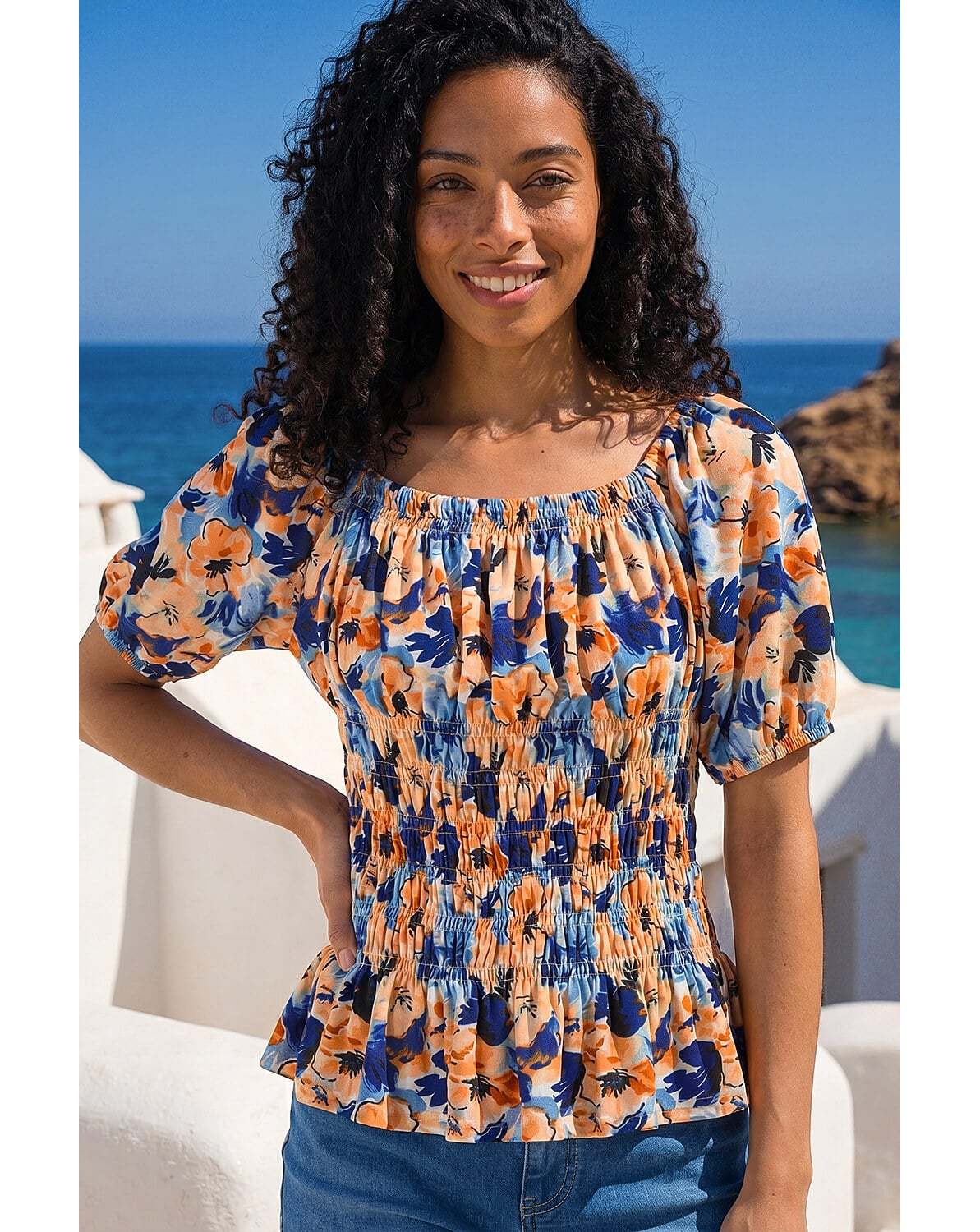 New In - Roman Floral Print Shirred Bardot Top