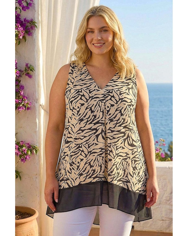 Roman Curve Animal Chiffon Hem Vest Top