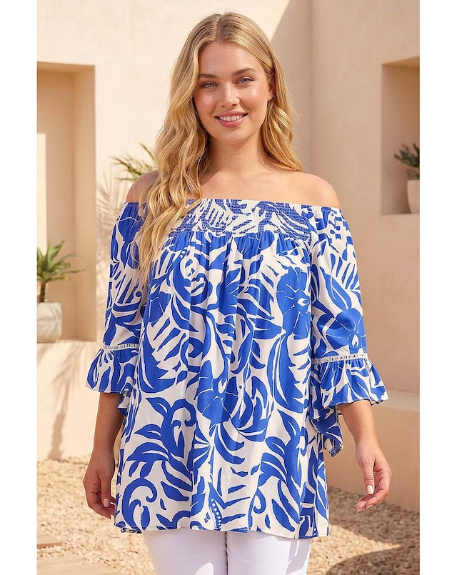 Roman Curve Printed Bardot Top