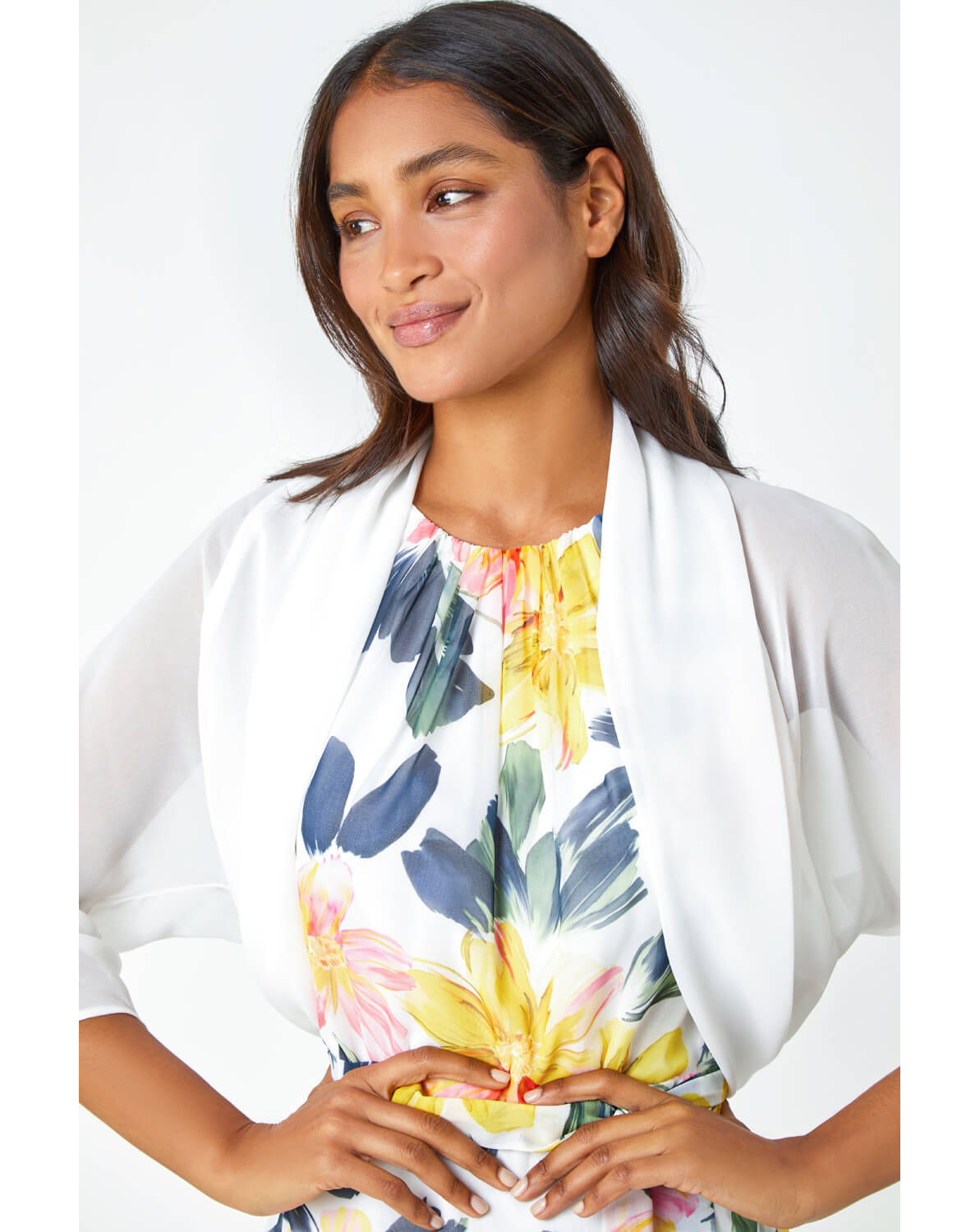 New In - Roman 3/4 Sleeve Ruched Chiffon Bolero