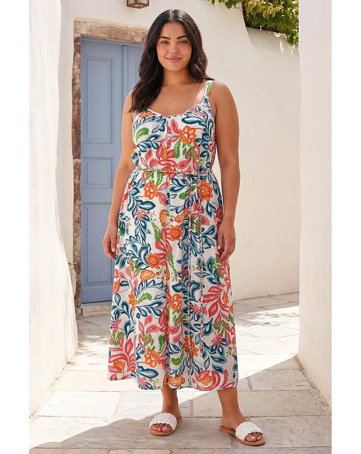 New In - Roman Curve Print Plait Belt Midi Dress - Blue