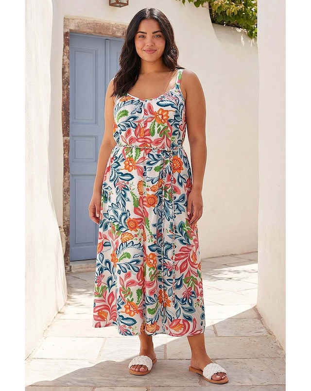 Roman Curve Print Plait Belt Midi Dress