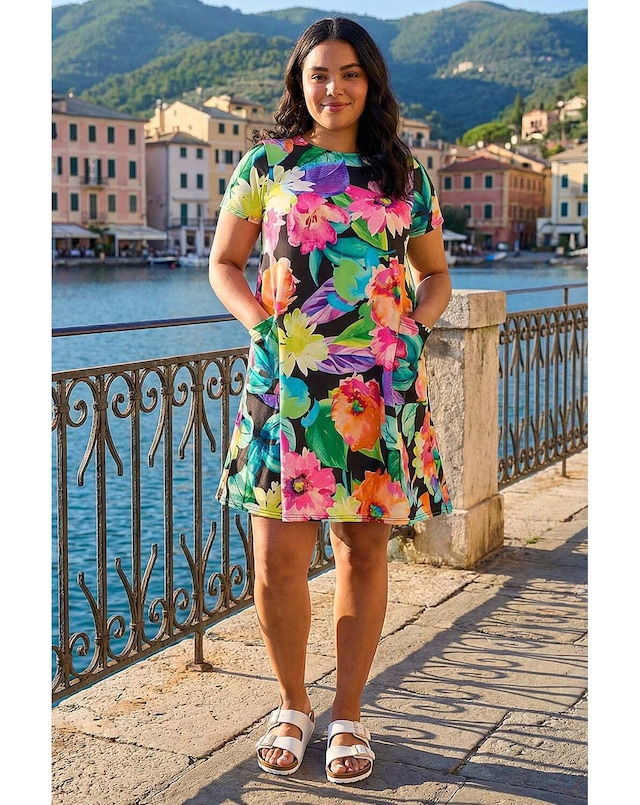 Roman Curve Leaf Stretch Pocket Dress