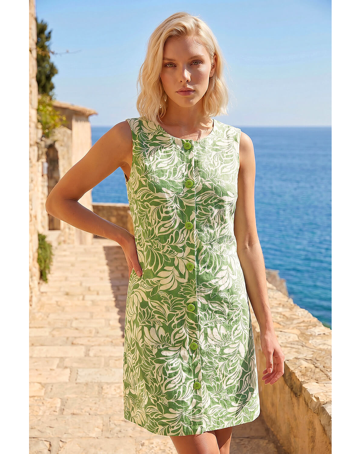 New In - Roman Petite Leaf Buttoned A-Line Dress