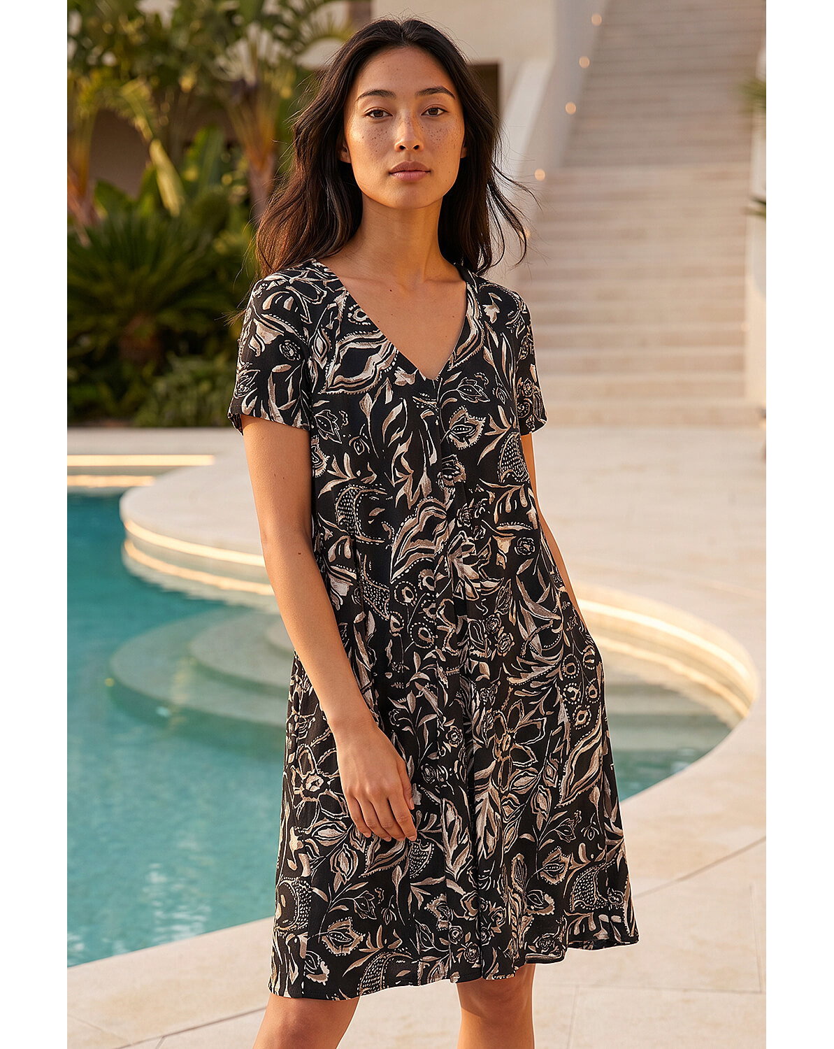 New In - Roman Petite Print V-Neck Swing Dress