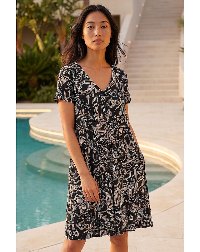 Roman Petite Print V-Neck Swing Dress
