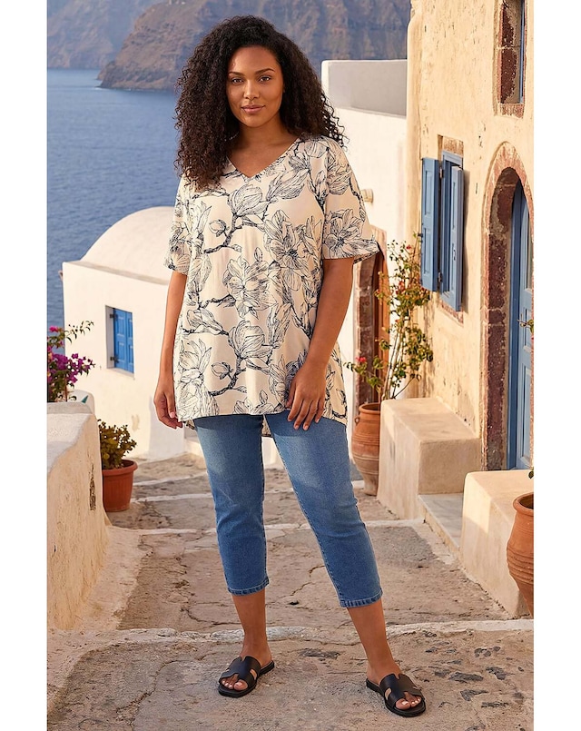 Roman Curve Floral Print Oversized Top