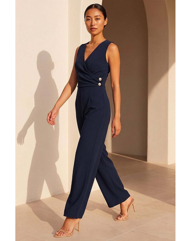 New In - Roman Petite V-Neck Full Length Jumpsuit