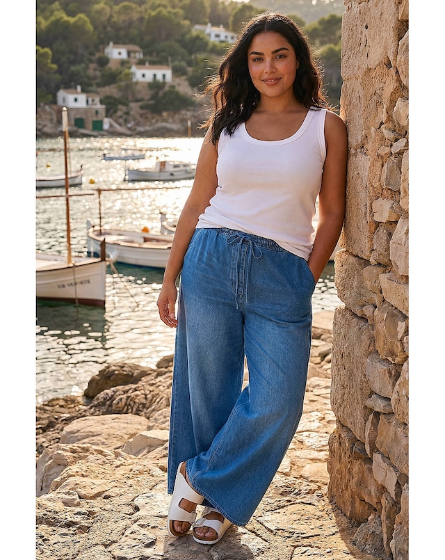 Roman Curve Tie Waist Denim Trouser