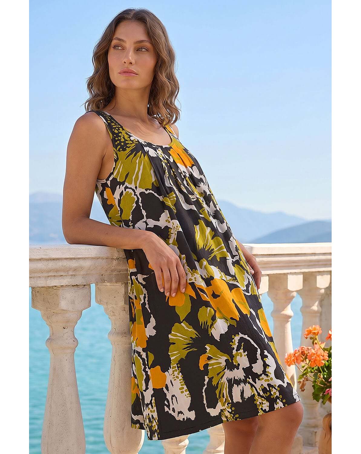 New In - Roman Petite Leaf Print Scoop Neck Dress