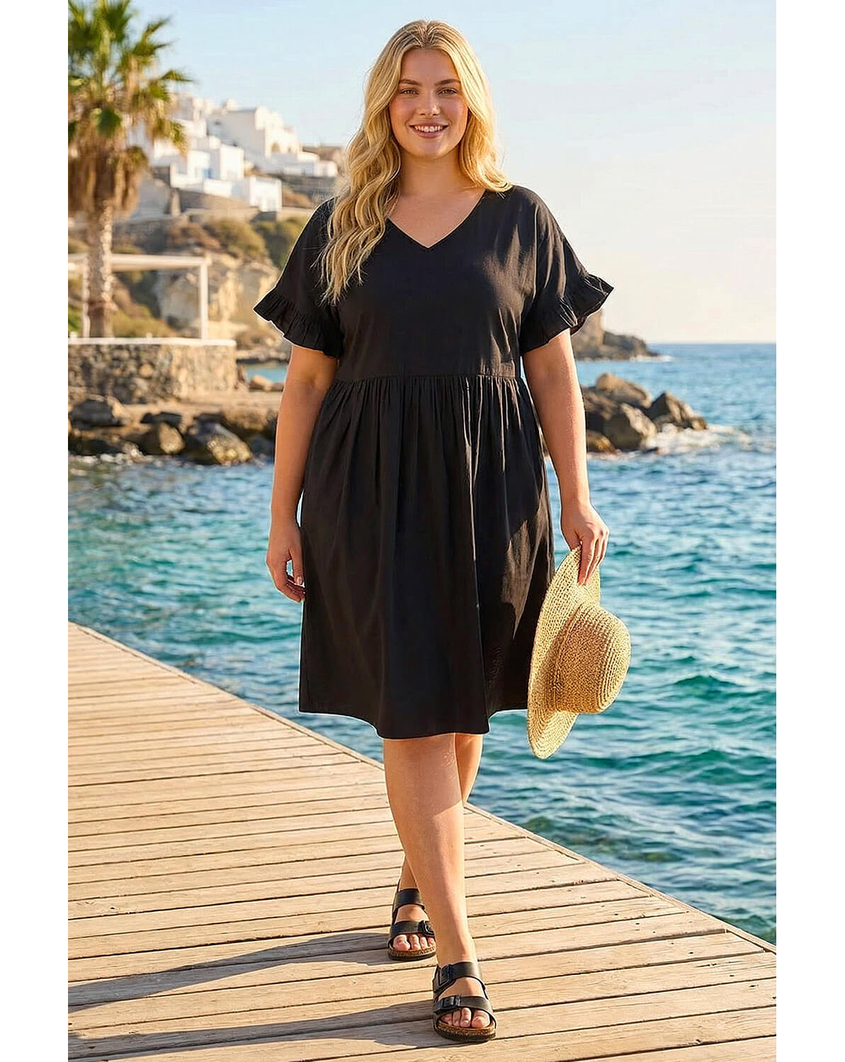 New In - Roman Curve Cotton V-Neck Frill Dress