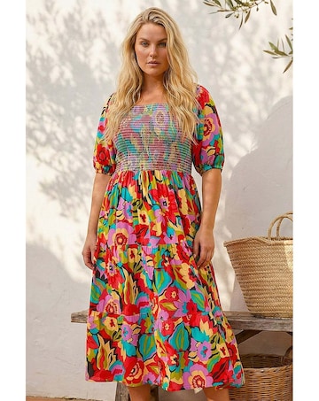 Roman Curve Floral Shirred Midi Dress