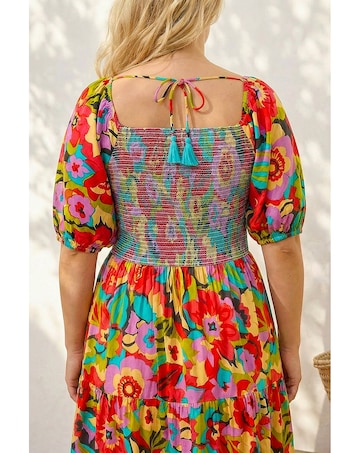 Roman Curve Floral Shirred Midi Dress