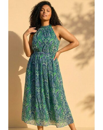 Roman Curve Print Halter Neck Maxi Dress