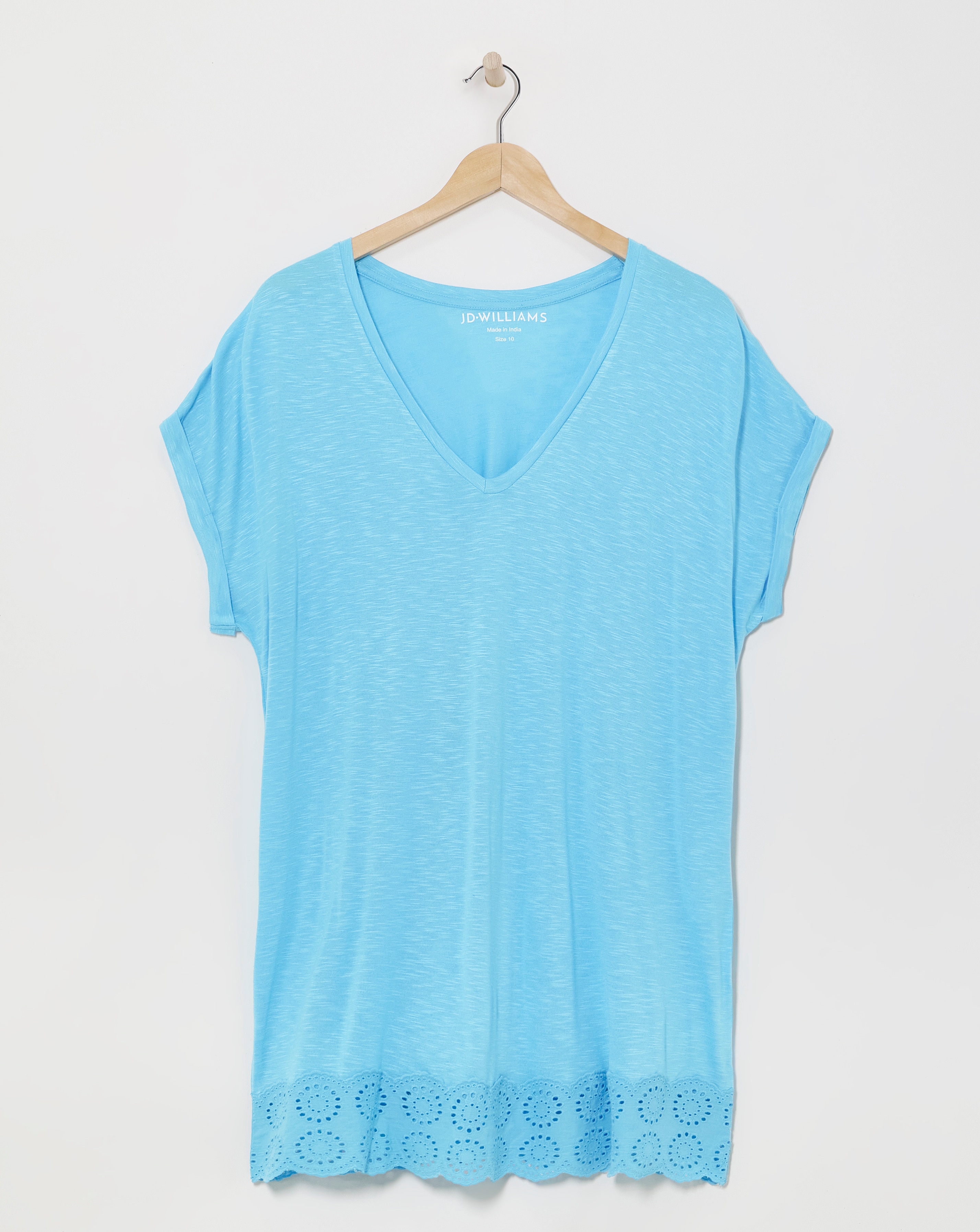 Broderie V Neck Short Sleeve Longline To