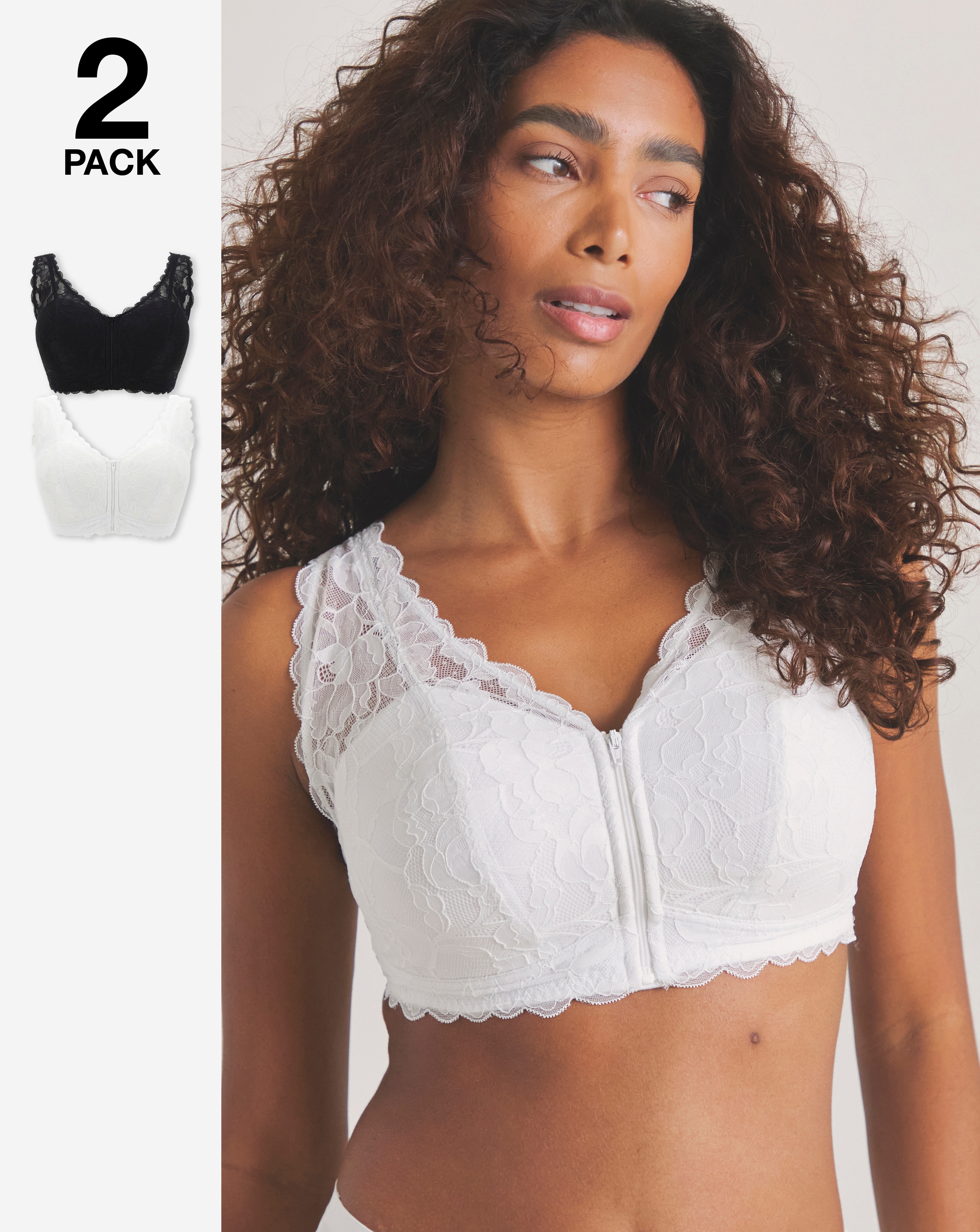 2 Pack Zip Front Lace Trim Comfort Bras