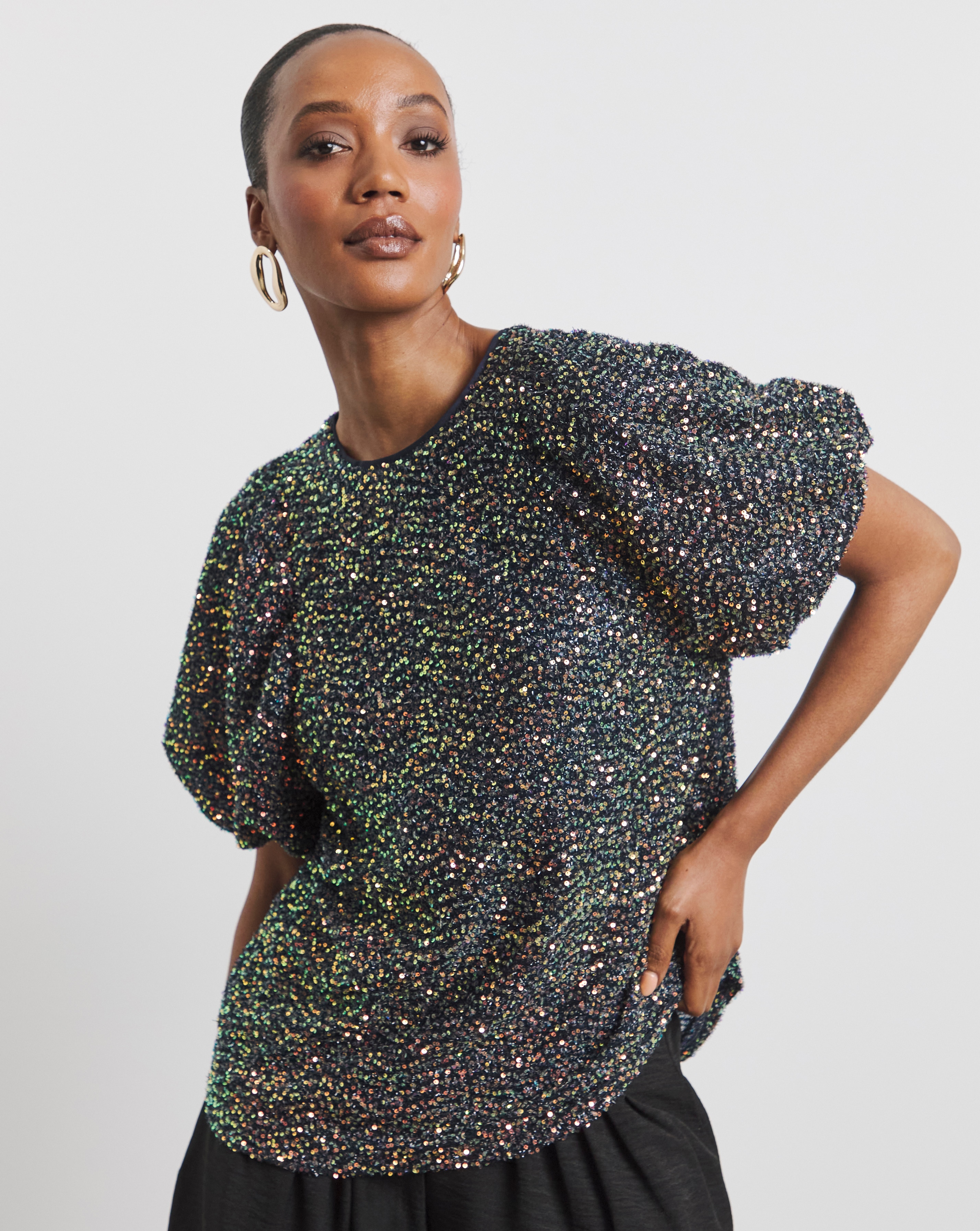 Joanna Hope Sequin Puff Sleeve Top