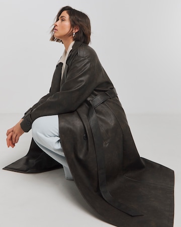 Washed Black Worn Look PU Trench