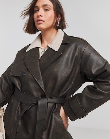 Washed Black Worn Look PU Trench