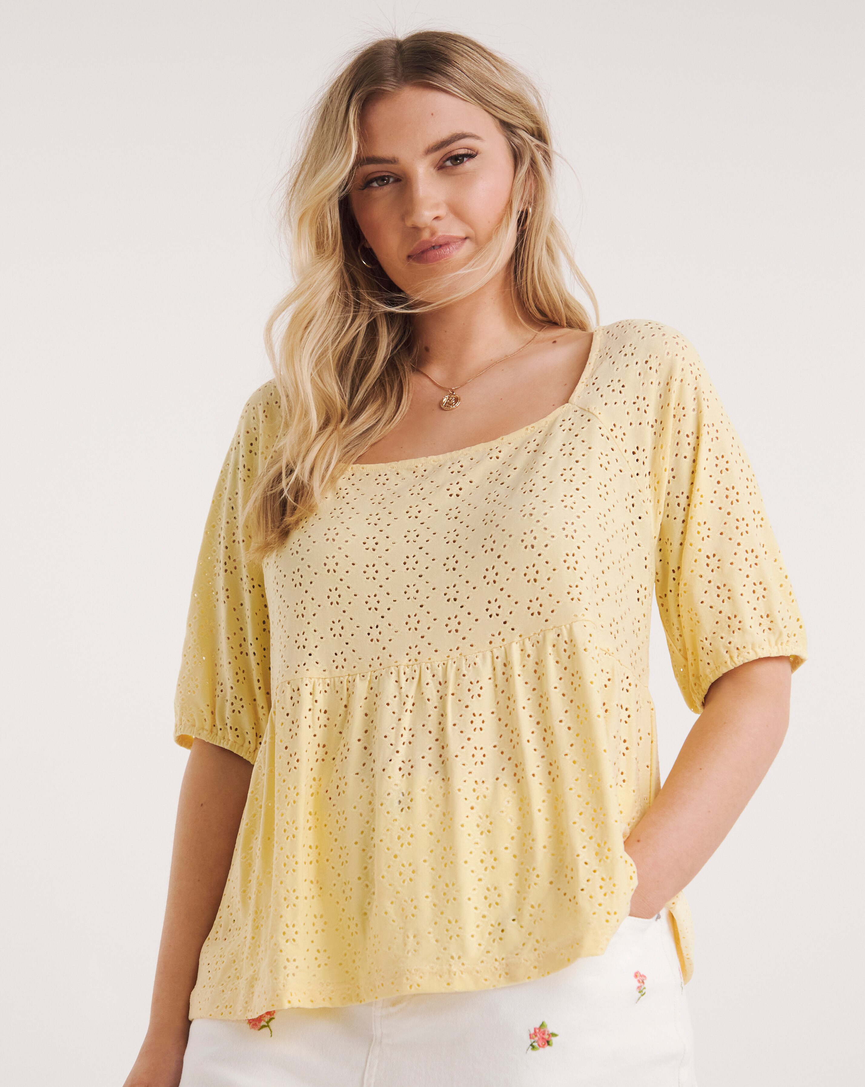 Simply Be Lemon Broderie Square Neck Top