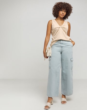 Simply Be Cream Jersey Linen Look Knot Front V Neck Cami