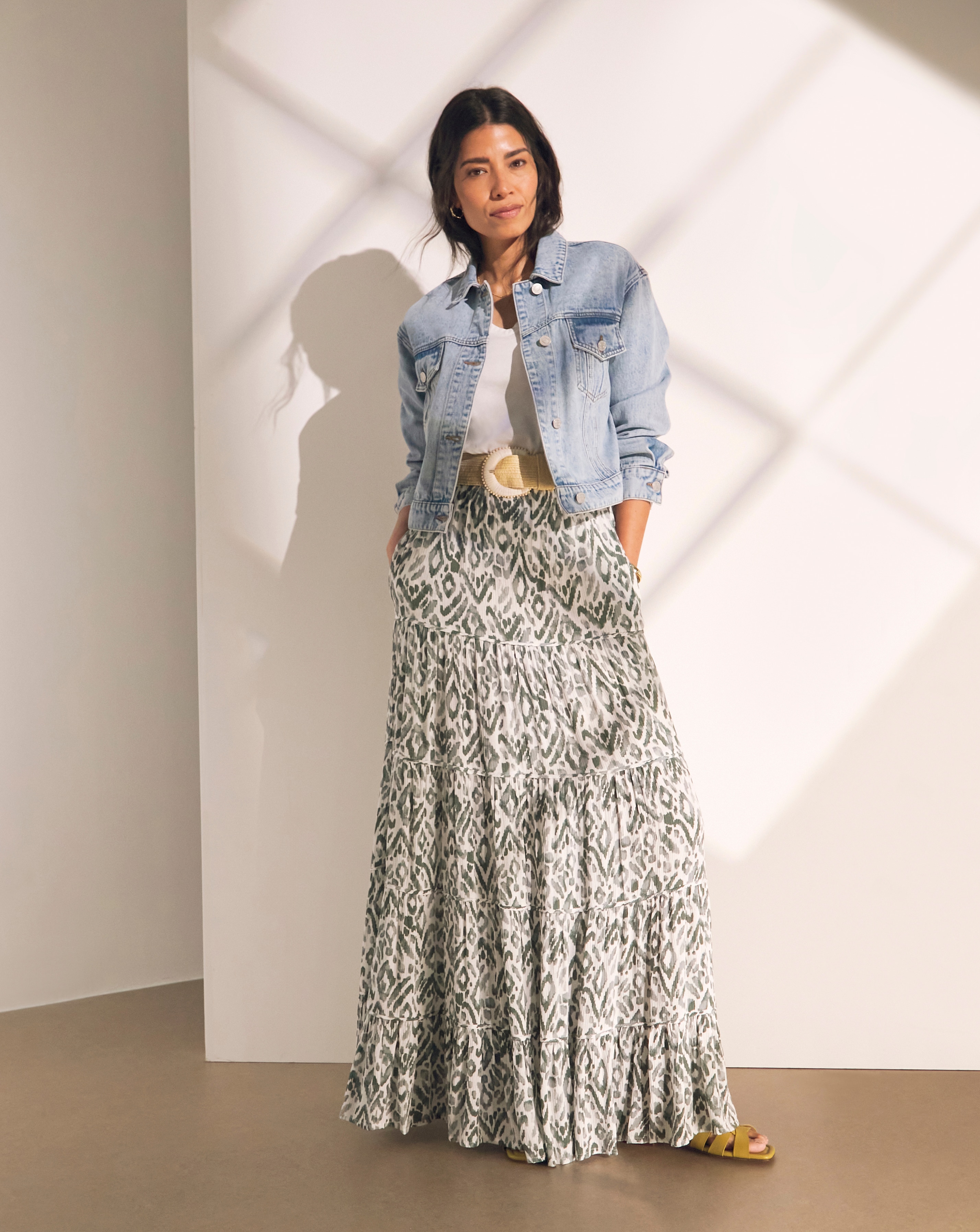 Khaki Print Crinkle Tiered Maxi Skirt