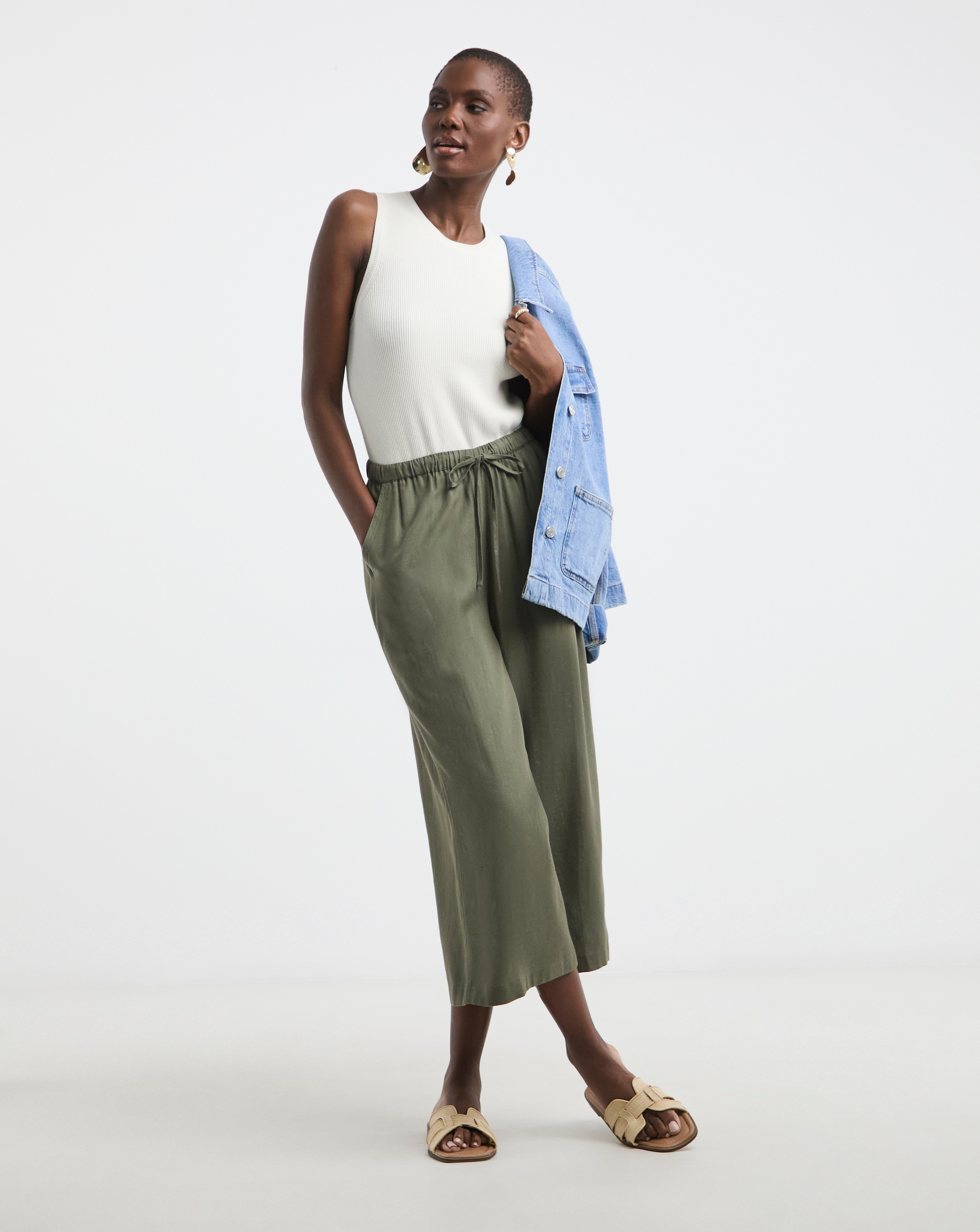 Linen Mix Cropped Wide Leg Culottes