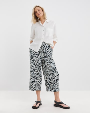 Navy Print Linen Mix Cropped Wide Leg Culottes