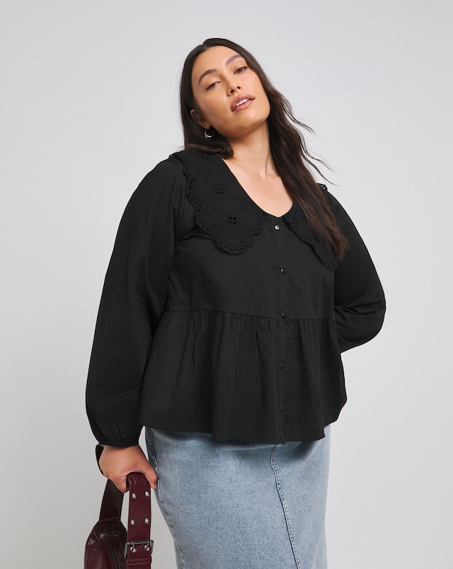 Black Broderie Collared Blouse