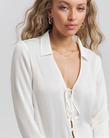 Satin Tie Front Long Sleeve Shirt